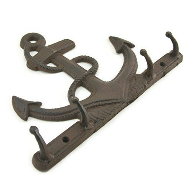 Large 10 Rustic Brown Cast Iron Anchor Hook Wall Plaque with Four Hooks Nautical Coat Rack 